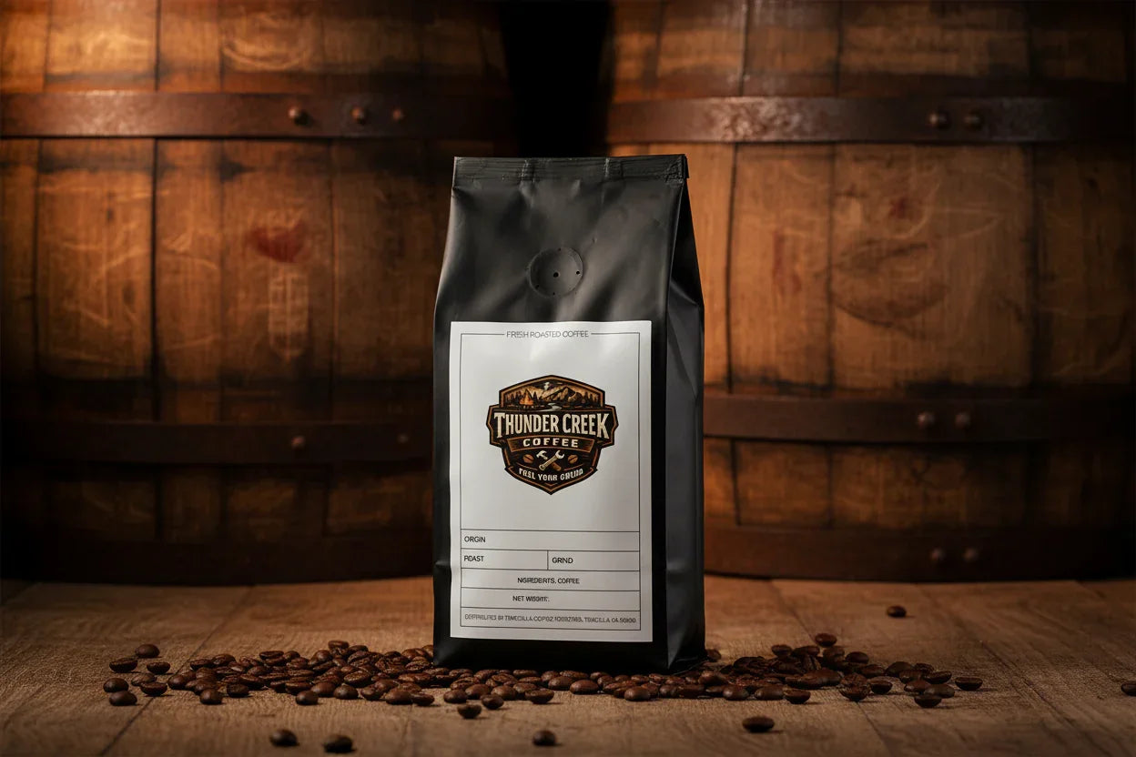 Whiskey Barrel Aged Coffee with Thunder Creek Bag