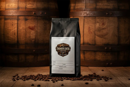 Whiskey Barrel Aged Coffee with Thunder Creek Bag